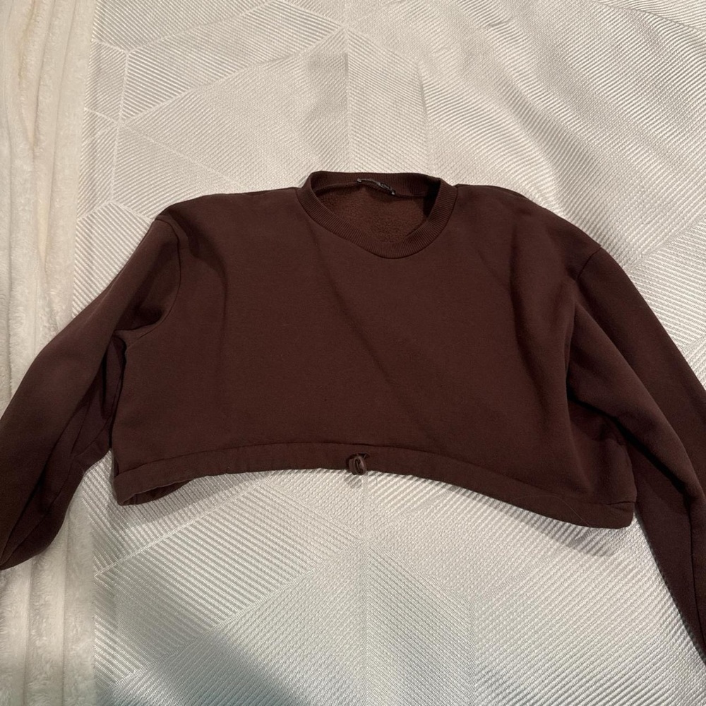 Brown Cropped Top with Long Sleeves and High Neckline